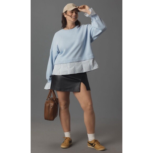Anthropologie Maeve Twofer Sweatshirt Blue Striped Trim Preppy Comfy Size XL New - Picture 1 of 10